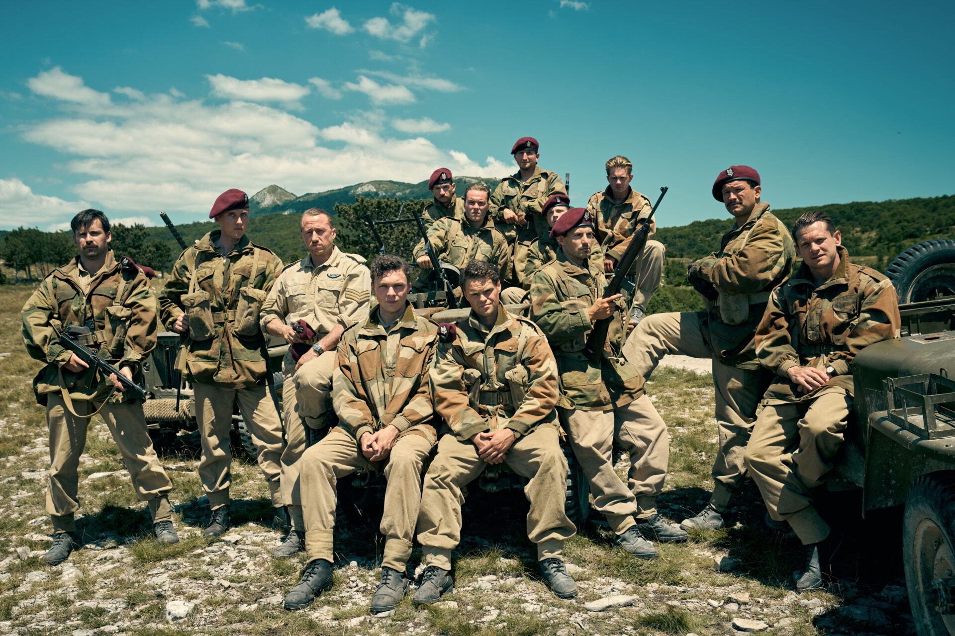 489589,SAS Rogue Heroes 2 SAS Rogue Heroes 2,17-09-2024,1st looks,1st looks,l-r Front Row:- Jim Almonds played by Corin
Silva, Johnny Cooper played by Jacob
McCarthy, Reg Seekings played by Theo
Barklem-Biggs, Suport actor, Dave Kershaw
played by Bobby Schofield, Pat Rile played by
Jacob Ifan, Jock McDiarmid played by Mark
Rowley and Paddy Mayne played by Jack
O'Connell,**STRICTLY EMBARGOED UNTIL 17TH SEPTEMBER 2024 AT 10:00HRS**,Banijay Rights,Robert Viglasky