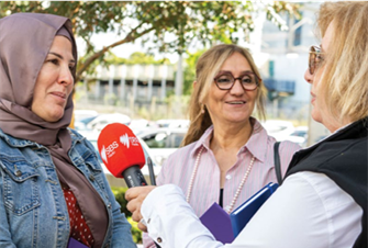SBS Election Exchange Sylva Mezher, SBS Arabic Executive Producer (R), interviews members of the community in Bankstown, Sydney. SBS Election Exchange Sylva Mezher, SBS Arabic Executive Producer (R), interviews members of the community in Bankstown, Sydney.
